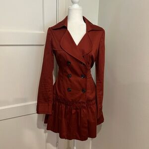 Double-Breasted Rust Red Ruffle Belted Trench Coat